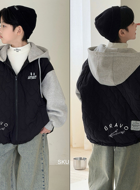 布芮欧童装2025冬季新款男女童拼接一体绒袖夹薄棉连帽外套86606