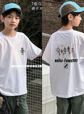 牛哆哆童装2024夏装儿童韩版卡通T恤衫男女童机器人印花短袖53320