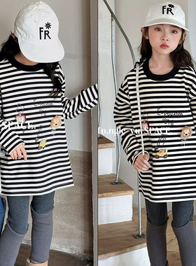 童乐鱼童装2025冬款女童打底衫宽松条纹立体玩偶加绒套头T恤95180