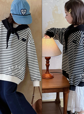 布芮欧童装2025秋新款女童洋气带披肩条纹圆领针织套头卫衣63177