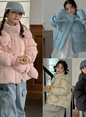 瑭伽童装2024冬女童糖果色连帽白鸭绒保暖羽绒服外套配手套28051