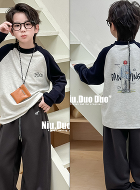 牛哆哆童装2025冬季男女童学院风撞色插肩袖T恤儿童打底衫潮29080