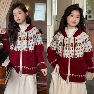 女童节日氛围感提花连帽毛衣开衫 韩版 95061 2025冬季 wooso吾束童装