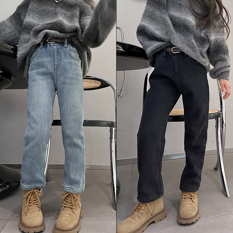 大E小e一体绒牛仔裤女童直筒长裤