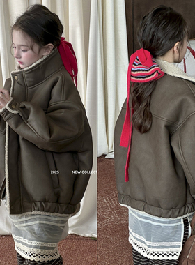 啦芙莱童装2025冬季新款男女童韩版复古立领羊羔绒皮衣外套潮6258