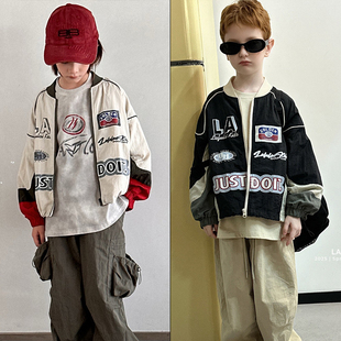 新款 男女中大童字母印花夹克洋气拼色外套2620 2025春季 啦芙莱童装