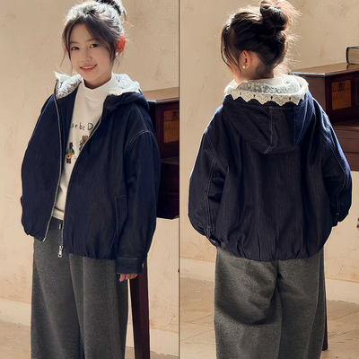 大E小e女童蕾丝连帽夹棉牛仔外套