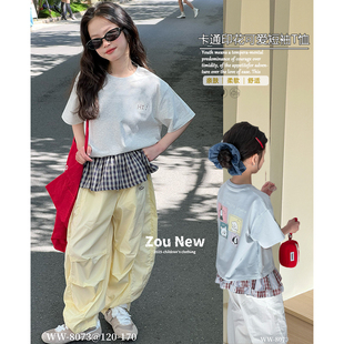 舟由童装2025夏新款女童韩版简约短款卡通可爱T恤中大童短袖8073