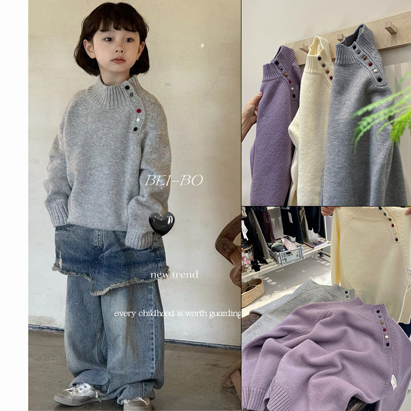 贝柏女童斜边纽扣设计针织毛衣