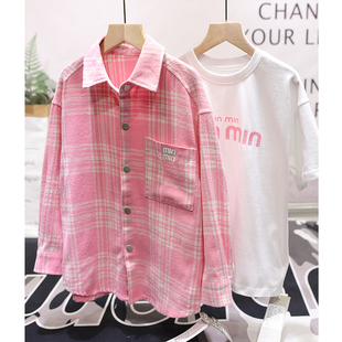 外套开衫 大E小e女童装 潮2696 中大童粉色格子衬衫 韩版 春季 新款