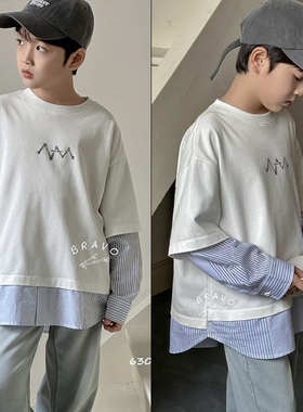 布芮欧童装2025春新款男女童韩版蓝条衬衫拼接假两件长袖T恤63099