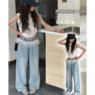 大E小e童装2025夏季新款女童蕾丝边裙牛仔裤中大童直筒裤长裤8072