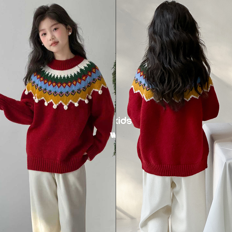 wooso女童费尔岛风圣诞提花毛衣