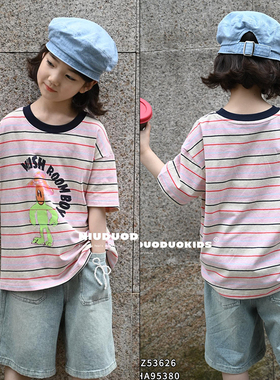 牛哆哆童装2024夏季新品条纹短袖女童T恤卡通印花洋气上衣潮53626