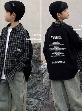 布芮欧童装2026春季新款男女童拼色格子衬衫中大童洋气外套56191