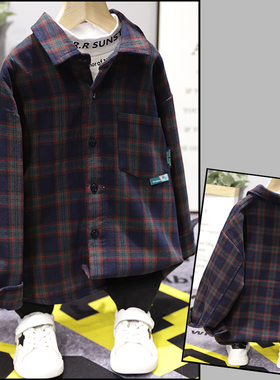 木瓜汁童装秋季新款儿童上衣男童女童宽松格子薄绒衬衫08022