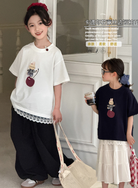 大E小e童装2025夏季新款女童蕾丝花边拼接卡通印花短袖T恤潮9855