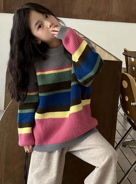 牛哆哆童装冬季新款韩版女童中大童彩色条纹毛衣针织衫13036