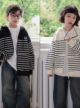 牛哆哆童装2024秋装新款学院风女童条纹连帽卫衣外套拉链衫37530