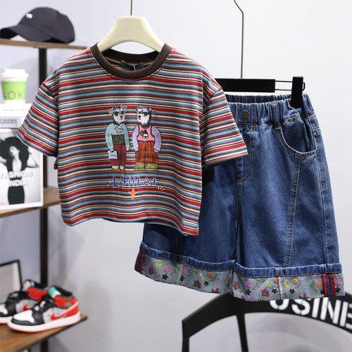啦芙莱童装2026夏新款儿童条纹卡通宽松上衣女童洋气短袖T恤7218