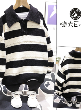 大E小e童装秋冬新款针织衫儿童翻领条纹毛衣男女童线衫26616