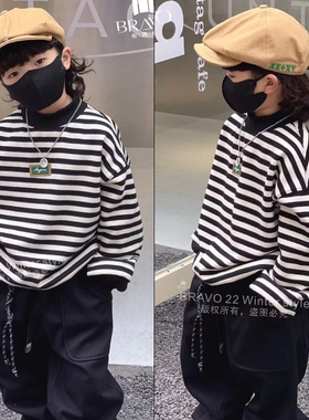 布芮欧冬新款黑白条纹百搭一体绒男女童卫衣休闲套头衫83003