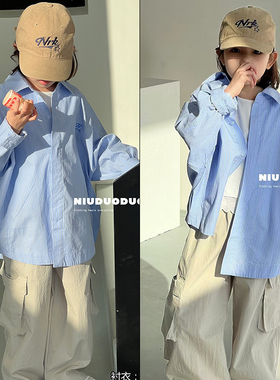 牛哆哆童装2025春季新款男女童蓝色条纹帅气衬衫中大童上衣72512