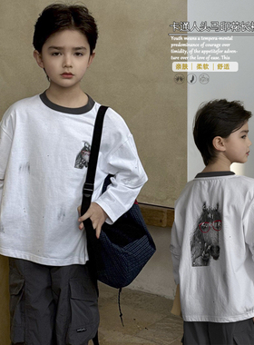 啦芙莱童装2026春季新款男女童卡通印花长袖T恤休闲做旧上衣8001