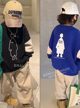 布芮欧秋季新款男女童拼接款卫衣小和尚印花圆领套头衫86030