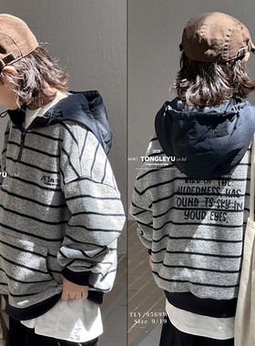 童乐鱼童装2025冬季男女童条纹连帽磨毛卫衣中大童加厚帽衫潮9569