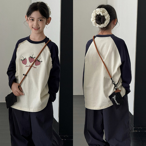 大E小e女童韩版草莓刺绣长袖T恤
