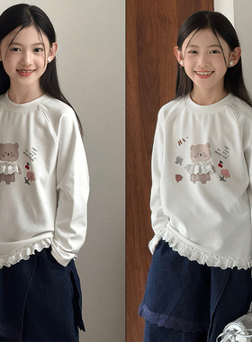 大E小e童装2025秋季新款女童卡通小熊蕾丝花边长袖T恤打底衫25191