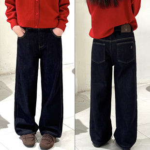 天依角2025冬款男女童一体绒直筒裤中大童加绒牛仔裤休闲裤25177