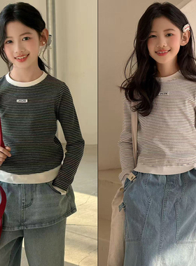 大E小e童装2026春季新款女童时尚假两件条纹长袖T恤修身上衣26010