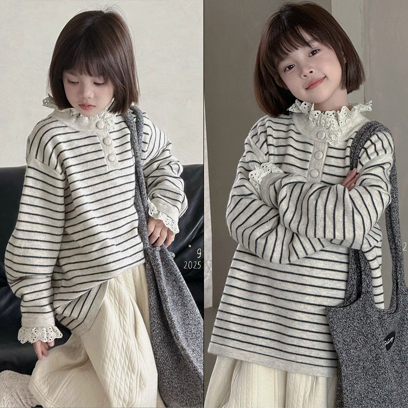 女童花边立领毛衣绵羊毛混纺条纹