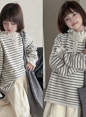 G＋童装2025冬款韩系女童花边立领毛衣绵羊毛混纺条纹针织衫52853
