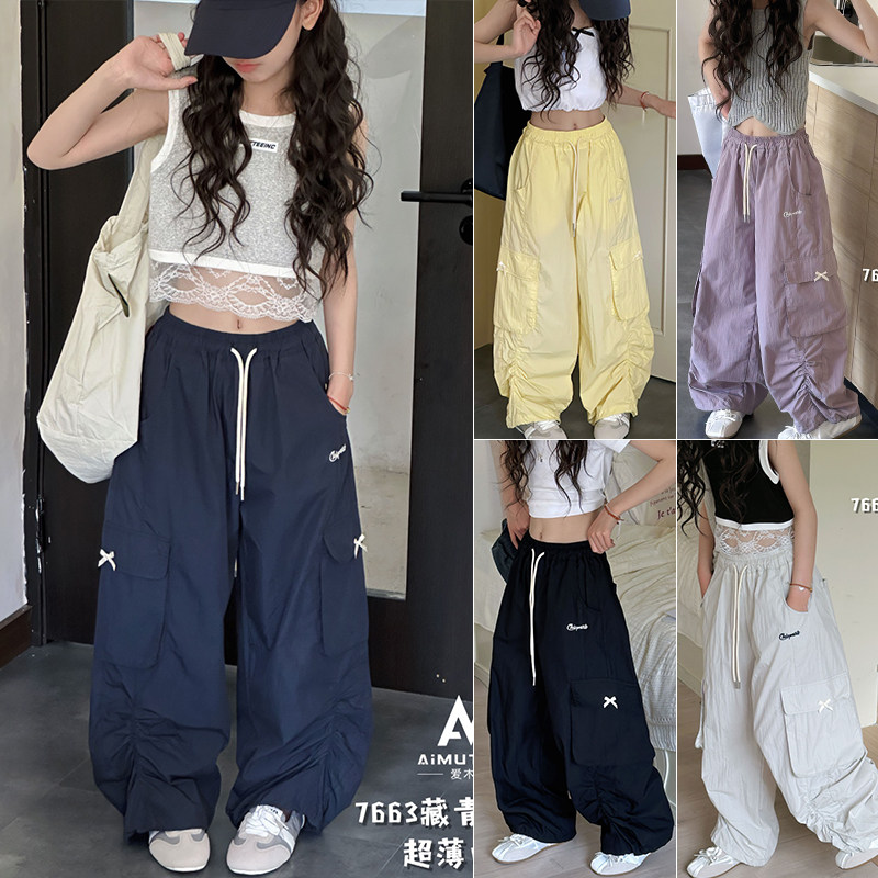 爱木橦童装2025夏款女童洋气薄款褶皱感设计蝴蝶结工装裤长裤7663 - 实物图