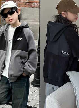 牛哆哆童装秋冬新款澳粒绒外套男女童拼色连帽拉链衫潮36707