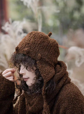 疯子张原创色织羊毛护耳帽宽松百搭08414