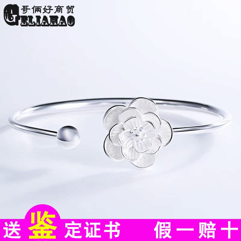 银手镯女S990韩版桃花开口纯银手环足银饰品送女友送妈妈礼物镯子