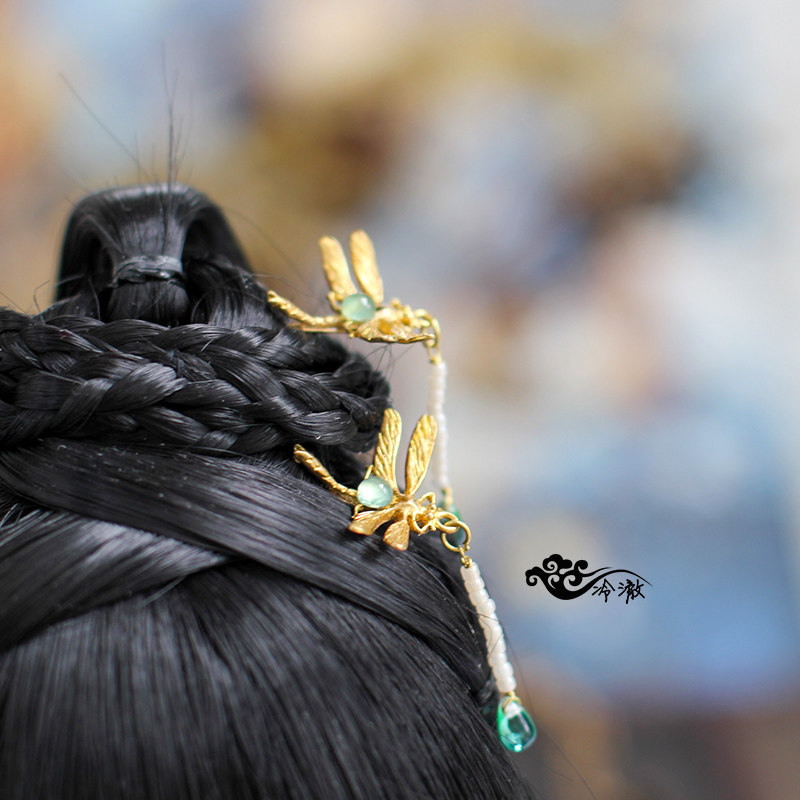 【原创】BJD3分古装首饰bjd古风花枝发簪古装娃娃头饰——玉蜻蜓