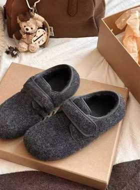 内增高2cm厚底呢子灰色毛毛鞋女2025秋冬加绒保暖棉鞋单鞋勃肯鞋