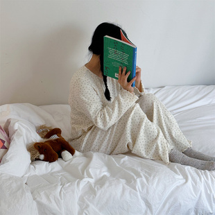 长裤 宽松短袖 家居服 女秋季 老粉BI入韩国进口纯棉螺纹睡衣套装