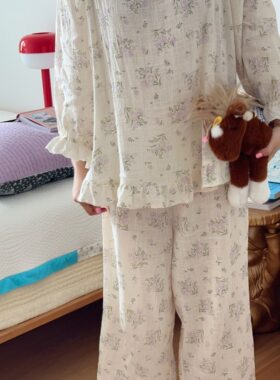 韩国自制睡衣套装女夏季复古印花居家服宽松简约长袖长裤可外穿