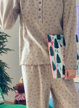 老粉BI入韩国进口纯棉螺纹睡衣套装女秋季宽松长袖长裤家居服