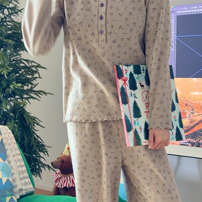 老粉BI入韩国进口纯棉螺纹睡衣套装女秋季宽松长袖长裤家居服