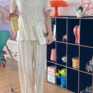 长裤 宽松短袖 家居服 女秋季 老粉BI入韩国进口纯棉螺纹睡衣套装