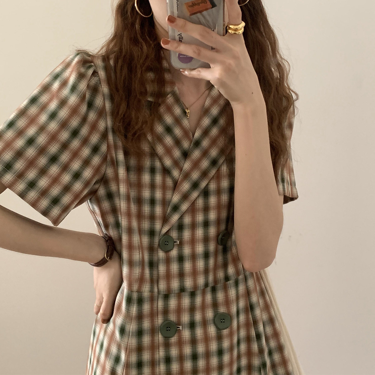 im向自制 2020夏季新款复古中长款高腰a字双排扣西装领格子连衣裙