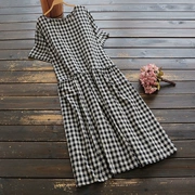 6602 mùa hè mới của phụ nữ tươi mát kẻ sọc văn học cotton ngắn tay phiên bản Hàn Quốc của chiếc váy cổ tròn lỏng lẻo - Váy dài