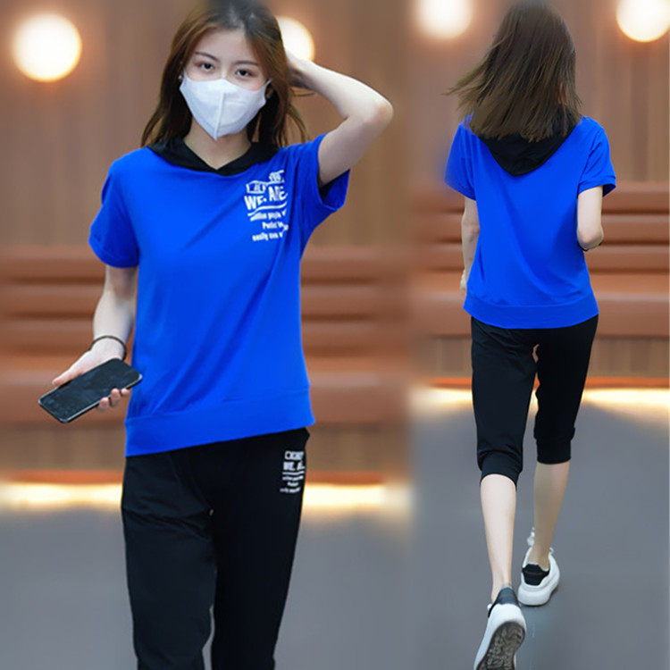 夏天新款时尚潮流120-210斤大码女短袖t恤套装运动休闲套装